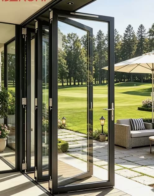 Wide glass patio doors opening onto an outdoor terrace